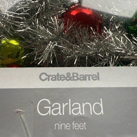 Crate & Barrel Christmas Garland – 9 Ft Silver Tinsel with Red & Green Ornaments - Picture 7 of 8